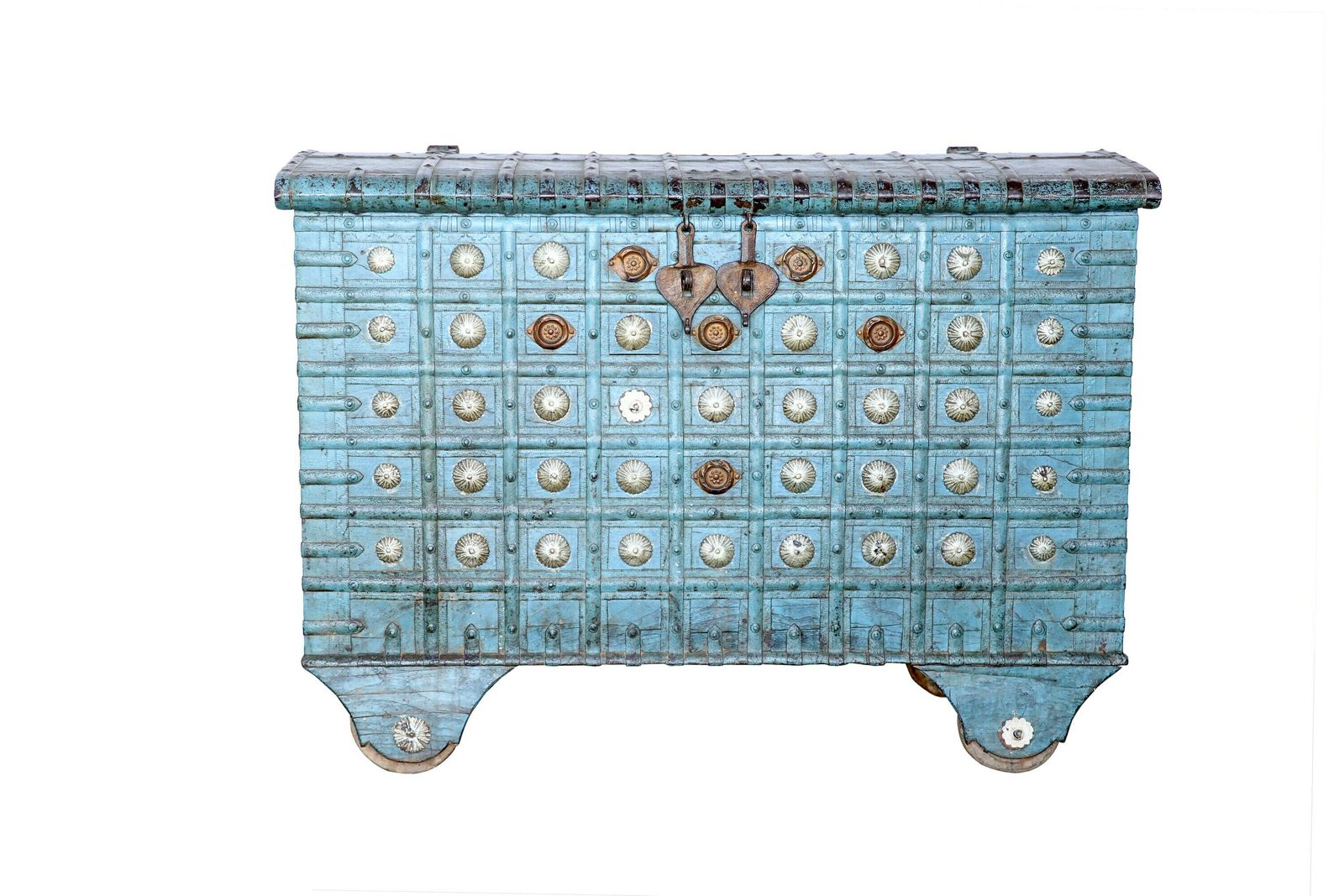 Antique 1800s Indian Teakwood Damchiya On Wheels – Hand Painted Blue Dowry Chest With Iron Strapwork photo furniture