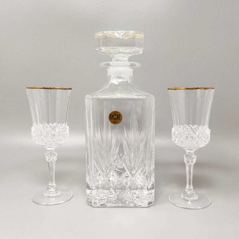 1970s Gorgeous Crystal Decanter With 2 Crystal Glasses By Rcr. Made In Italy photo furniture