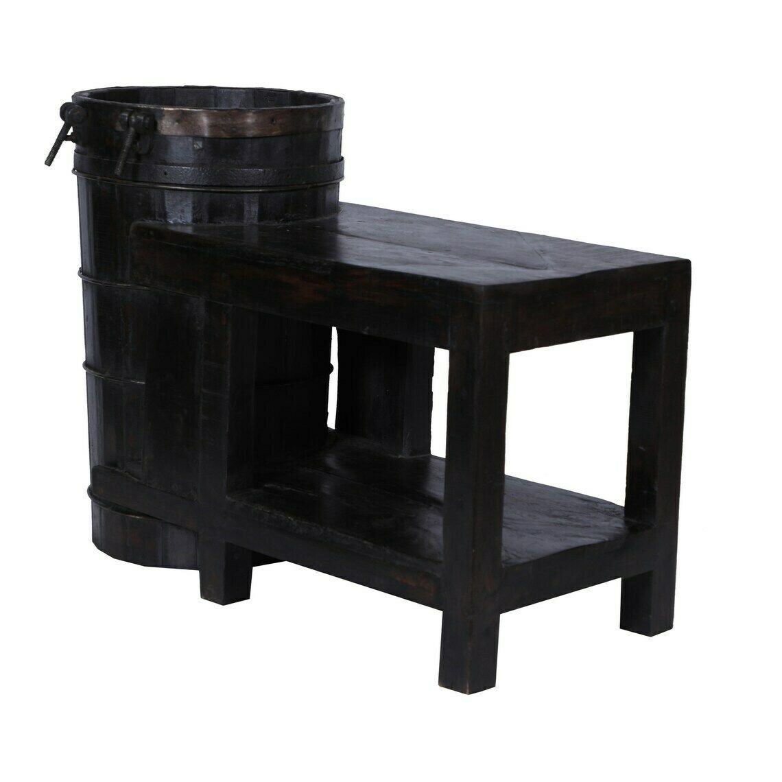 Antique Indian Ghara & Table (1960s Gujarat) – Handcrafted Teakwood With Integrated Water Vessel & Iron Detailing photo 695.0