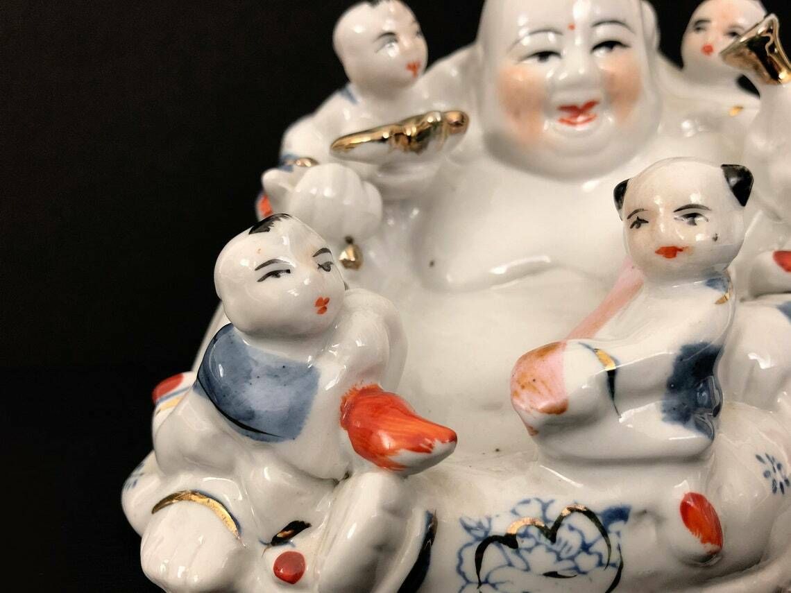 Chinese Porcelain Laughing Buddha With Children Statue photo Art