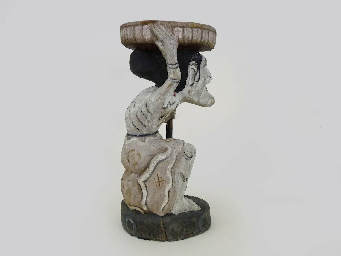 Bolster, Plant Holder, Chinese Sculpture In Polychrome Carved Wood. Early 20th Century photo vinterior