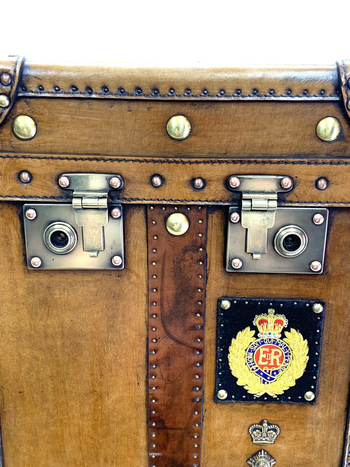 photo for sale Vintage Style Trunk   Leather With 2 Brass Locks And Royal Coat Of Arms To The Top