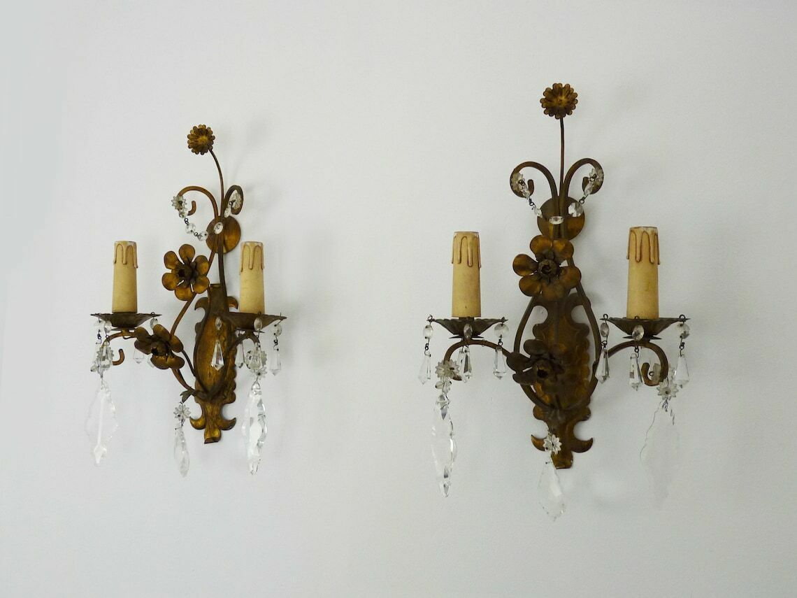 Magnificent Pair Of Vintage Italian Wall Lights In Gilded Metal, Glass Pendants. photo Lighting