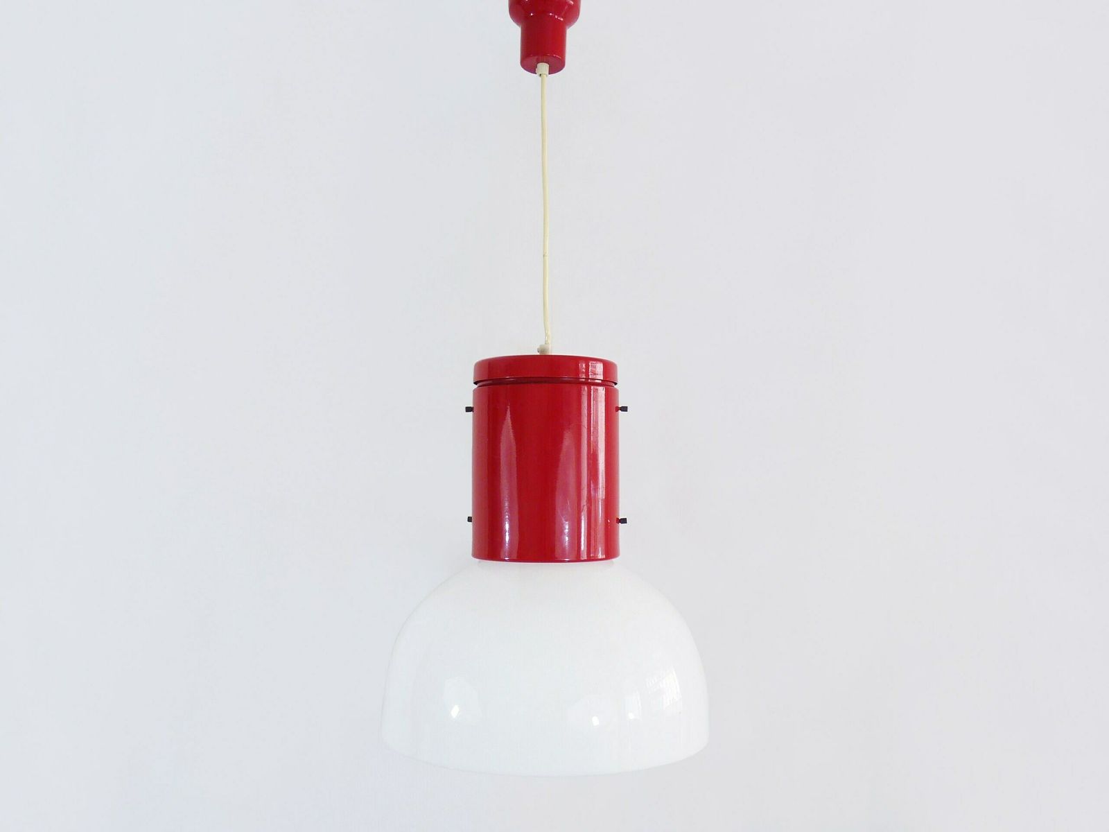Reserved Lee Vintage Industrial Pendant Light In Red Metal And White Plastic Lampshade.