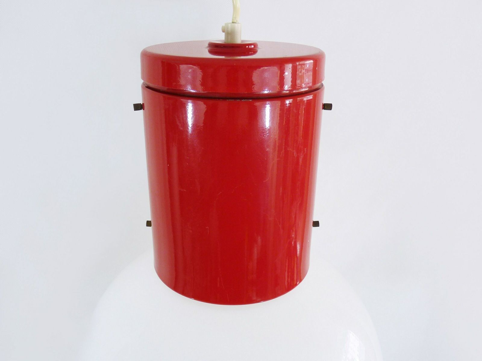 Reserved Lee Vintage Industrial Pendant Light In Red Metal And White Plastic Lampshade. photo vinterior
