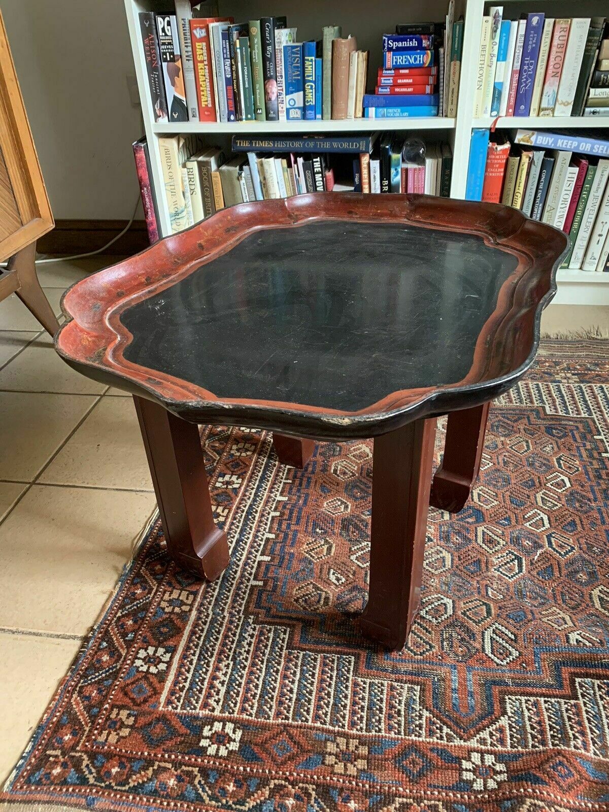 A Decorative Antique Papier Mache Tray  Top Coffee Table On Vintage Stand