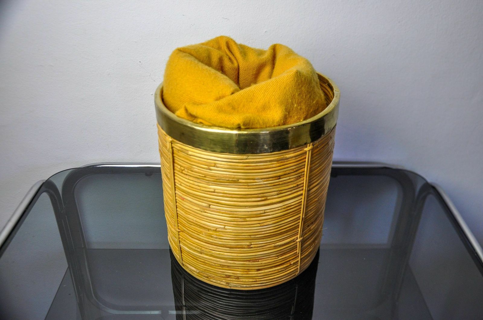 Rattan And Brass Book Holder Basket, Italy, 1970 photo buy