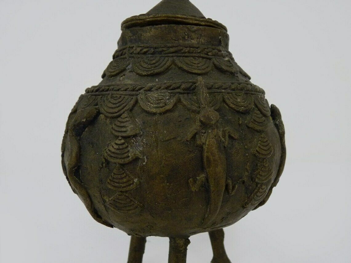 Ointment Pot, Bronze Urn. Dogon Mali. Decor Bird, Lizard, Snake. African Art photo vintage