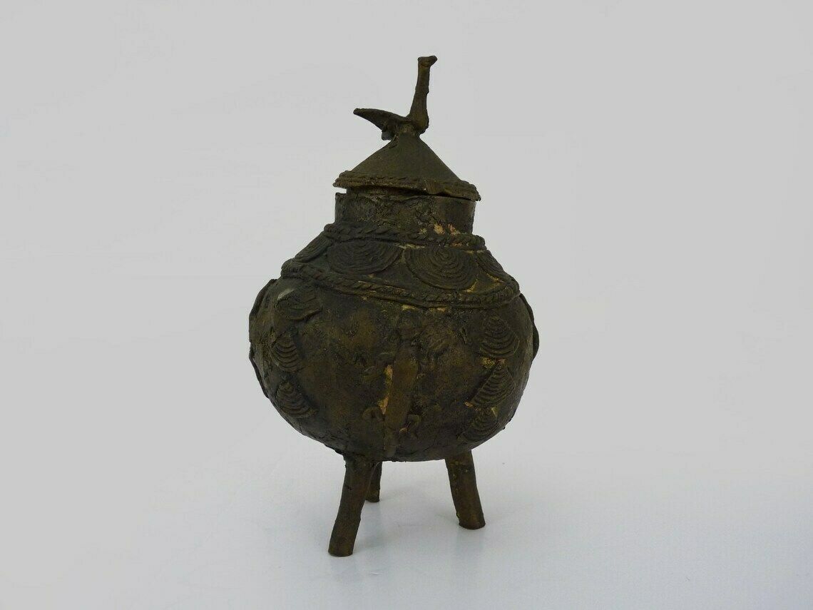 Ointment Pot, Bronze Urn. Dogon Mali. Decor Bird, Lizard, Snake. African Art photo for sale