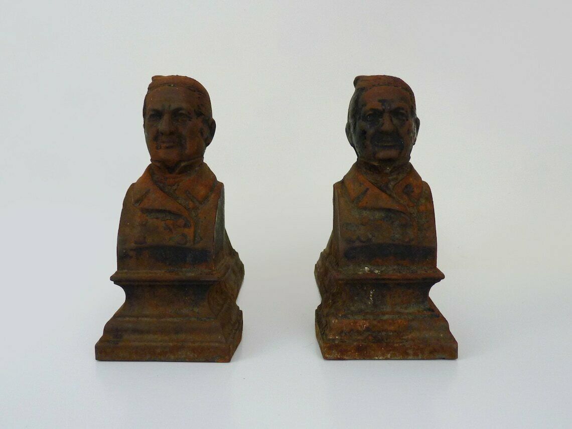 Pair Of Cast Iron Fireplace Andirons Portrait Adolphe Thiers (President France). France 19th Century.