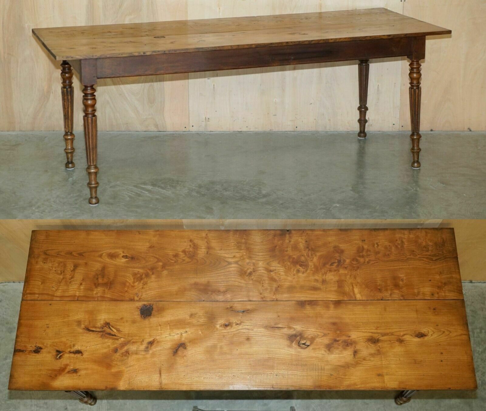 Antique French Two Plank Top Farmhouse Burr Fruitwood Refectory Dining Table