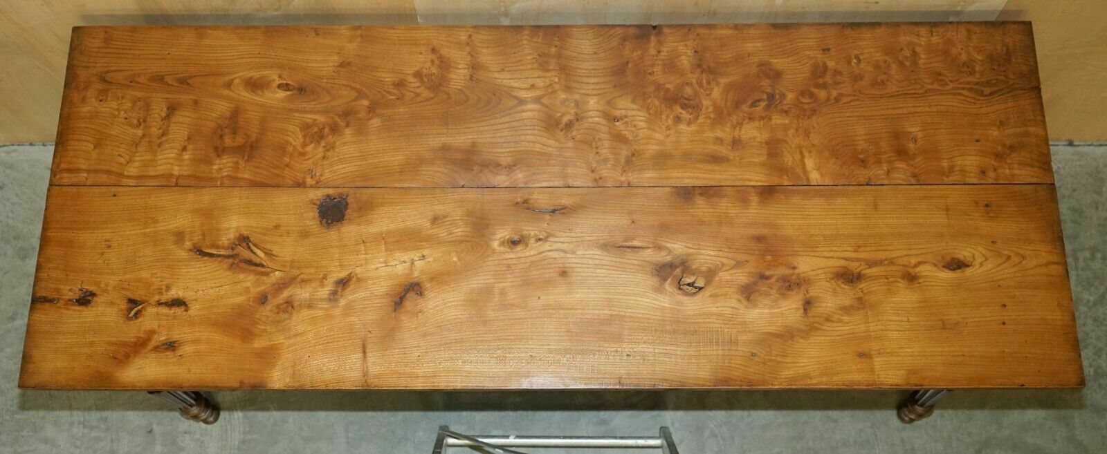 photo vintage Antique French Two Plank Top Farmhouse Burr Fruitwood Refectory Dining Table