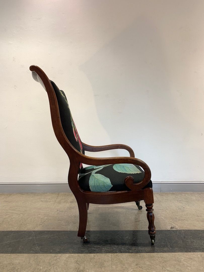 Digitalis Chair (A William Lv Scroll Arm Chair With Flame Mahogany Detail Headrest And A Bespoke Foxglove Design Fabric) photo for sale