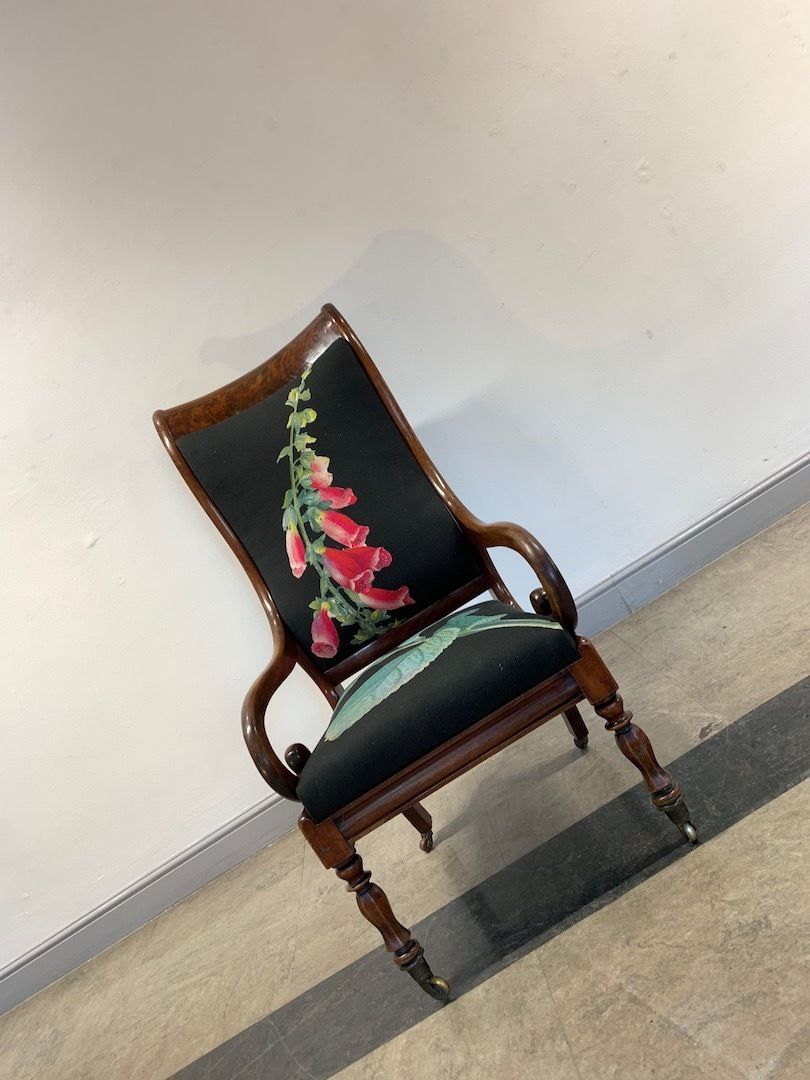 Digitalis Chair (A William Lv Scroll Arm Chair With Flame Mahogany Detail Headrest And A Bespoke Foxglove Design Fabric) photo 1850.0