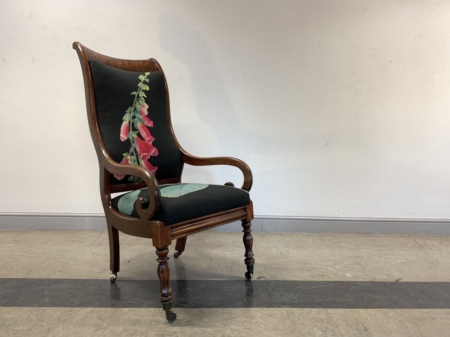 Digitalis Chair (A William Lv Scroll Arm Chair With Flame Mahogany Detail Headrest And A Bespoke Foxglove Design Fabric)