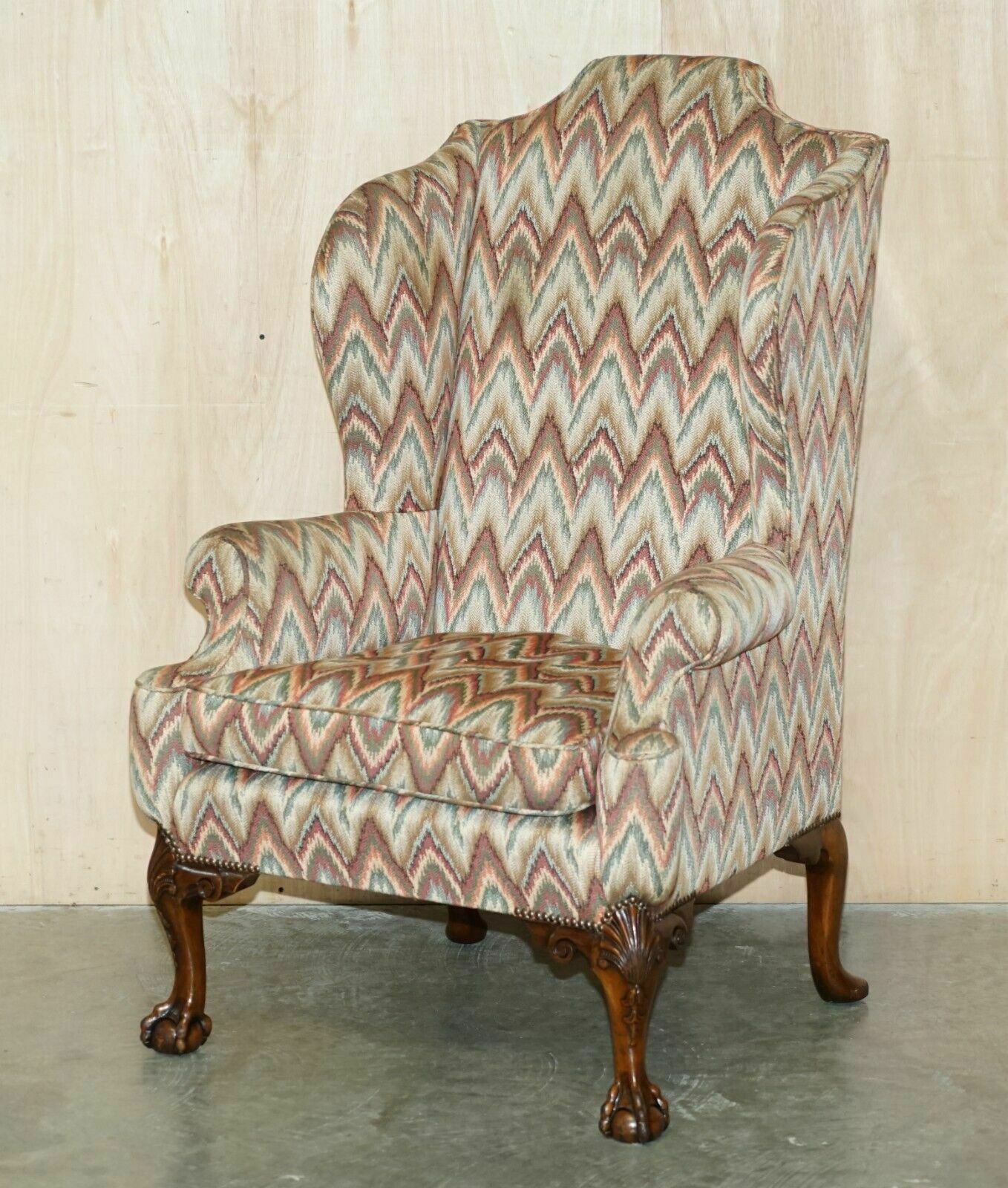 Pair Of Antique Kilim Fabric Wingback Armchairs Ornately Carved Claw & Ball Feet photo for sale