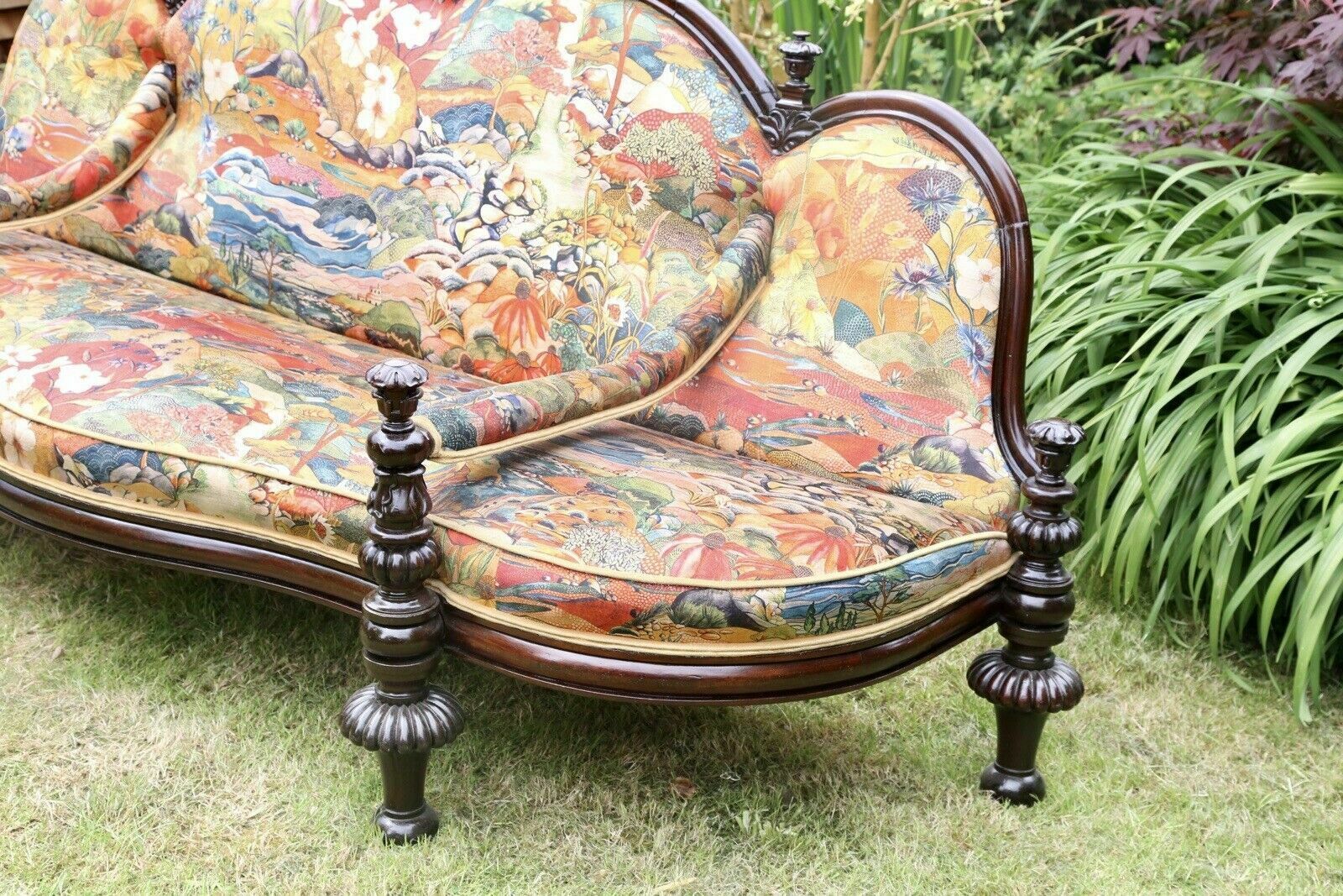photo for sale Fine Victorian Antique Rosewood Conversation Seat With Osborne & Little Fabric