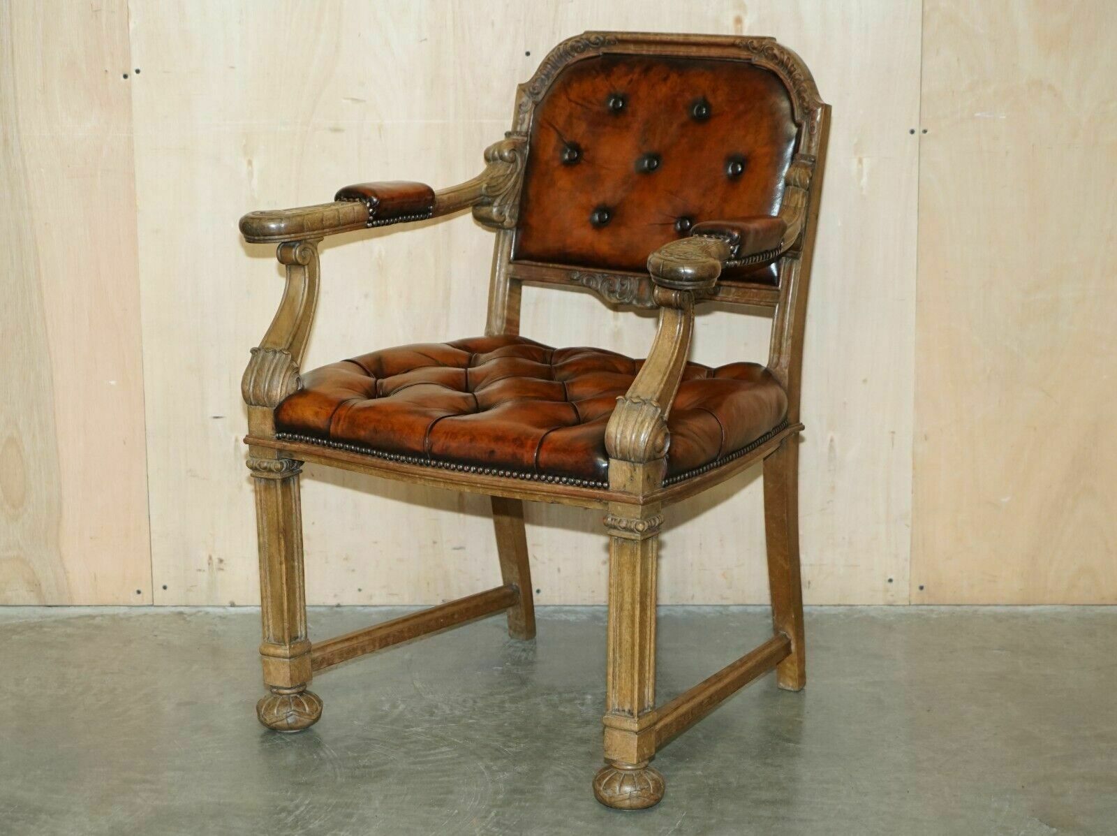 Very Fine Restored Antique Chesterfield William IV Oak Brown Leather Desk Chair photo furniture