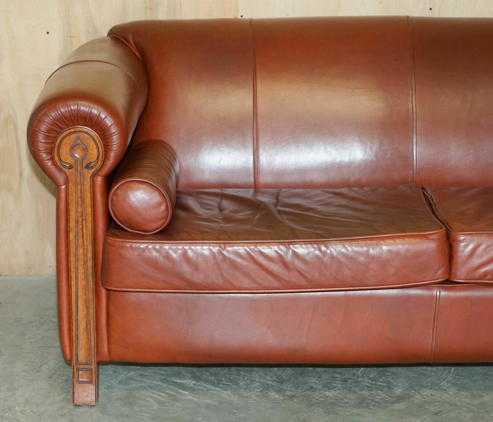 Vintage Chestnut Brown Leather Liberty's Art Nouveau Club Sofa Carved Wood Frame photo for sale