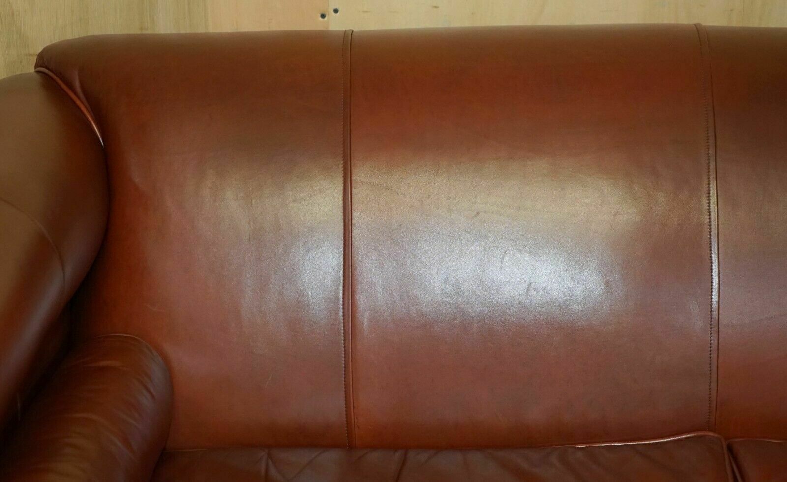 Vintage Chestnut Brown Leather Liberty's Art Nouveau Club Sofa Carved Wood Frame photo Furniture