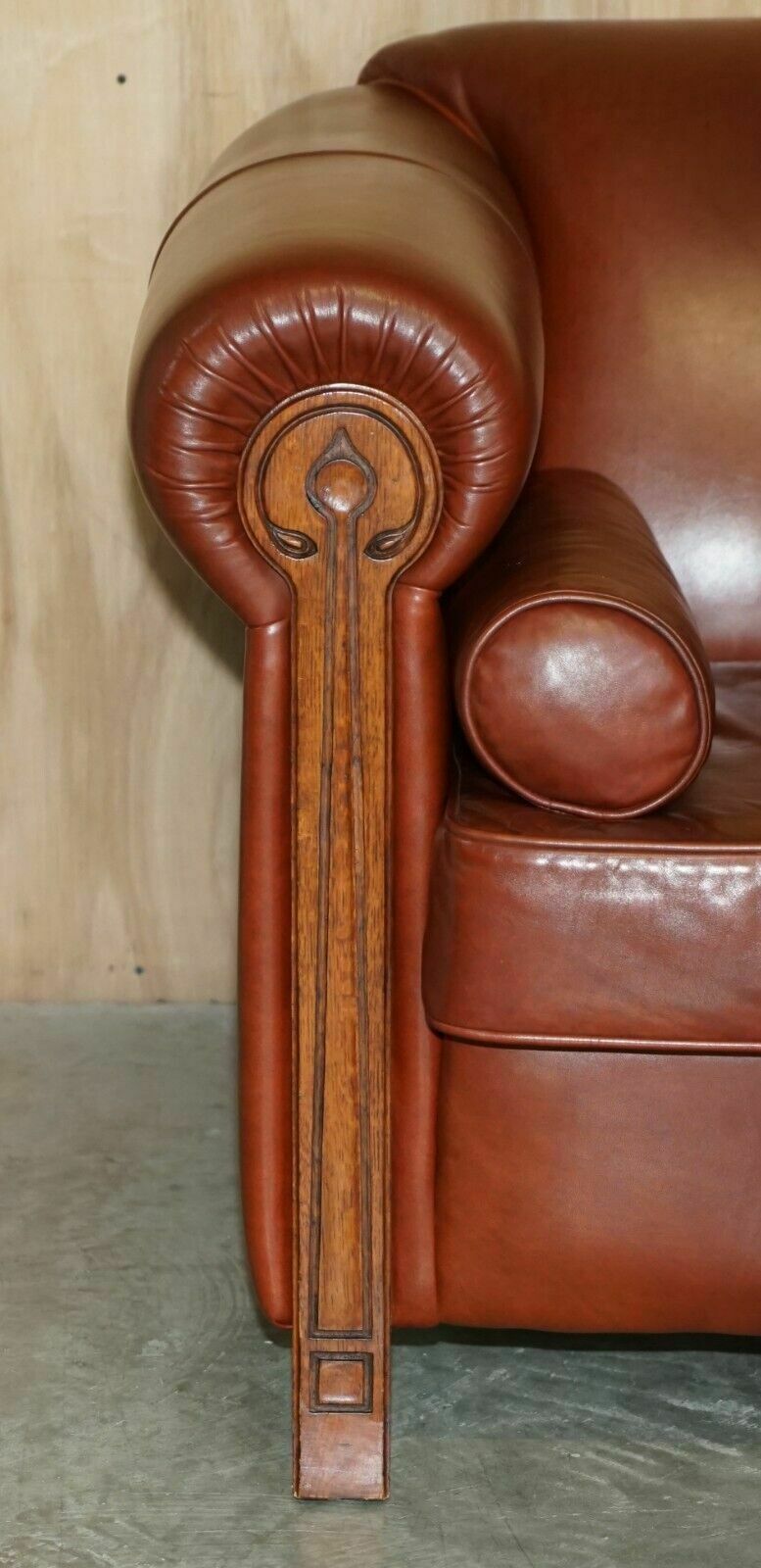 Vintage Chestnut Brown Leather Liberty's Art Nouveau Club Sofa Carved Wood Frame photo vinterior