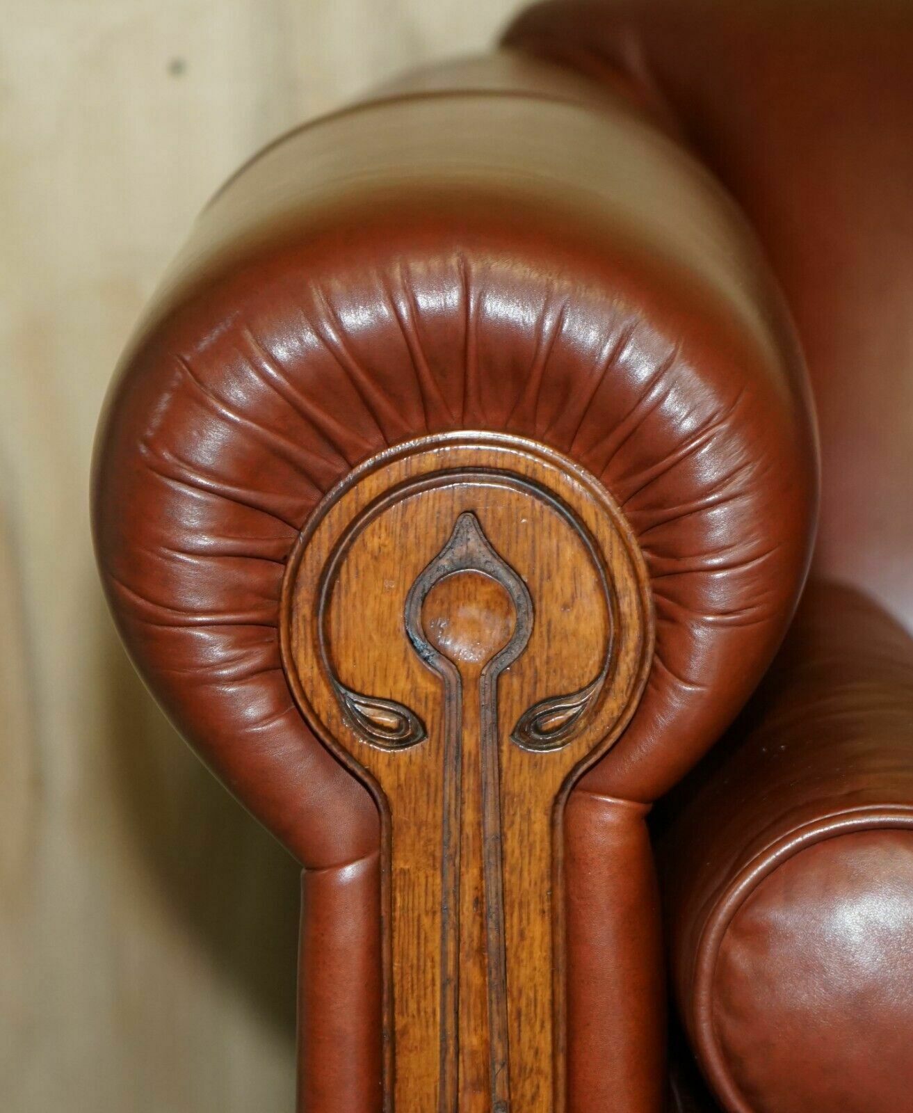 Vintage Chestnut Brown Leather Liberty's Art Nouveau Club Sofa Carved Wood Frame photo buy