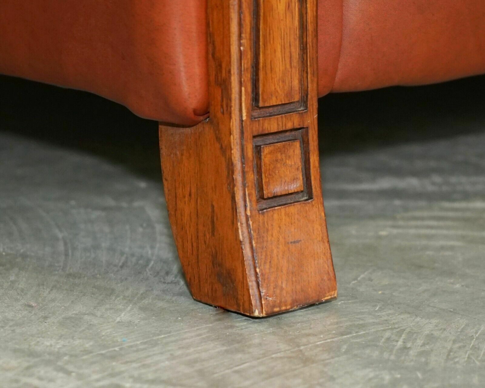 photo furniture Vintage Chestnut Brown Leather Liberty's Art Nouveau Club Sofa Carved Wood Frame