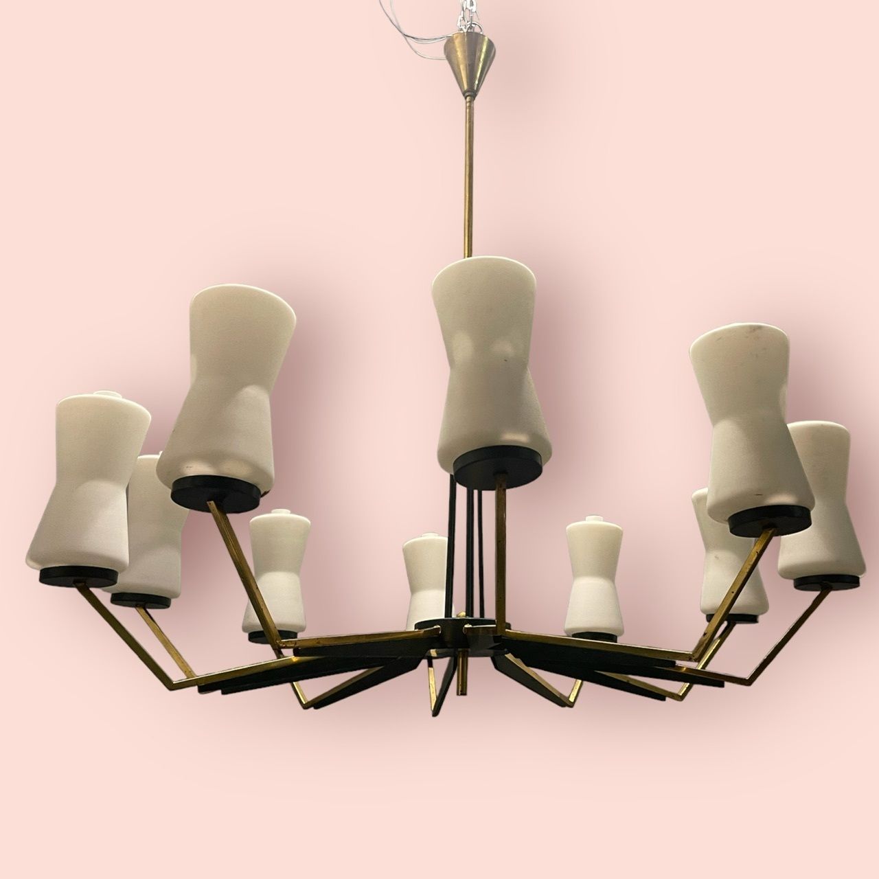 Large Stilnovo Brass Opaline Glass Chandelier 10 Lights 1950’s photo buy