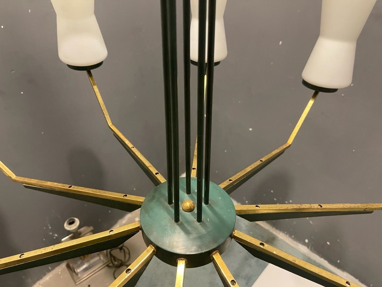 1850.0 Large Stilnovo Brass Opaline Glass Chandelier 10 Lights 1950’s photo