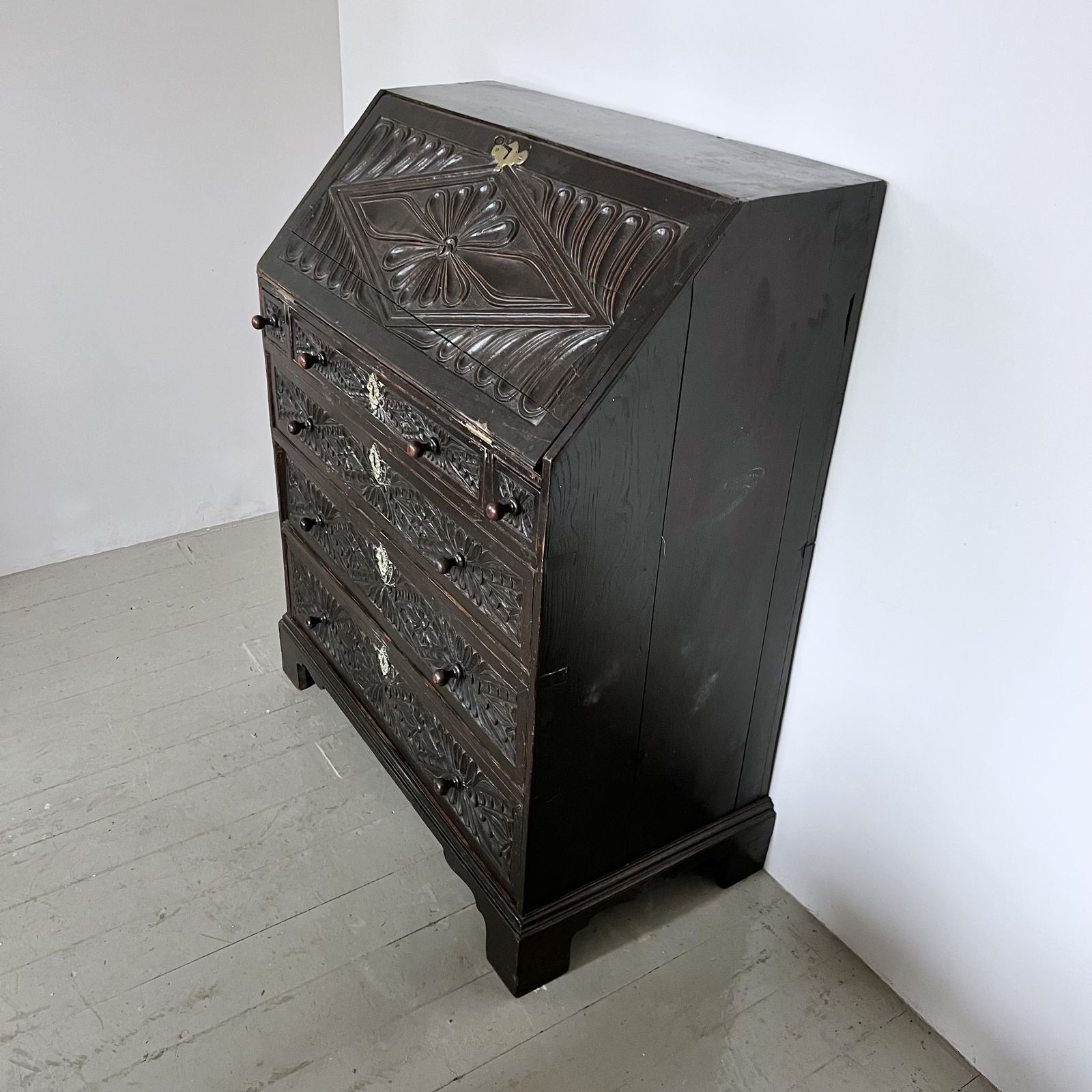 Late 17th Century Carved Ebonised Oak Bureau photo for sale