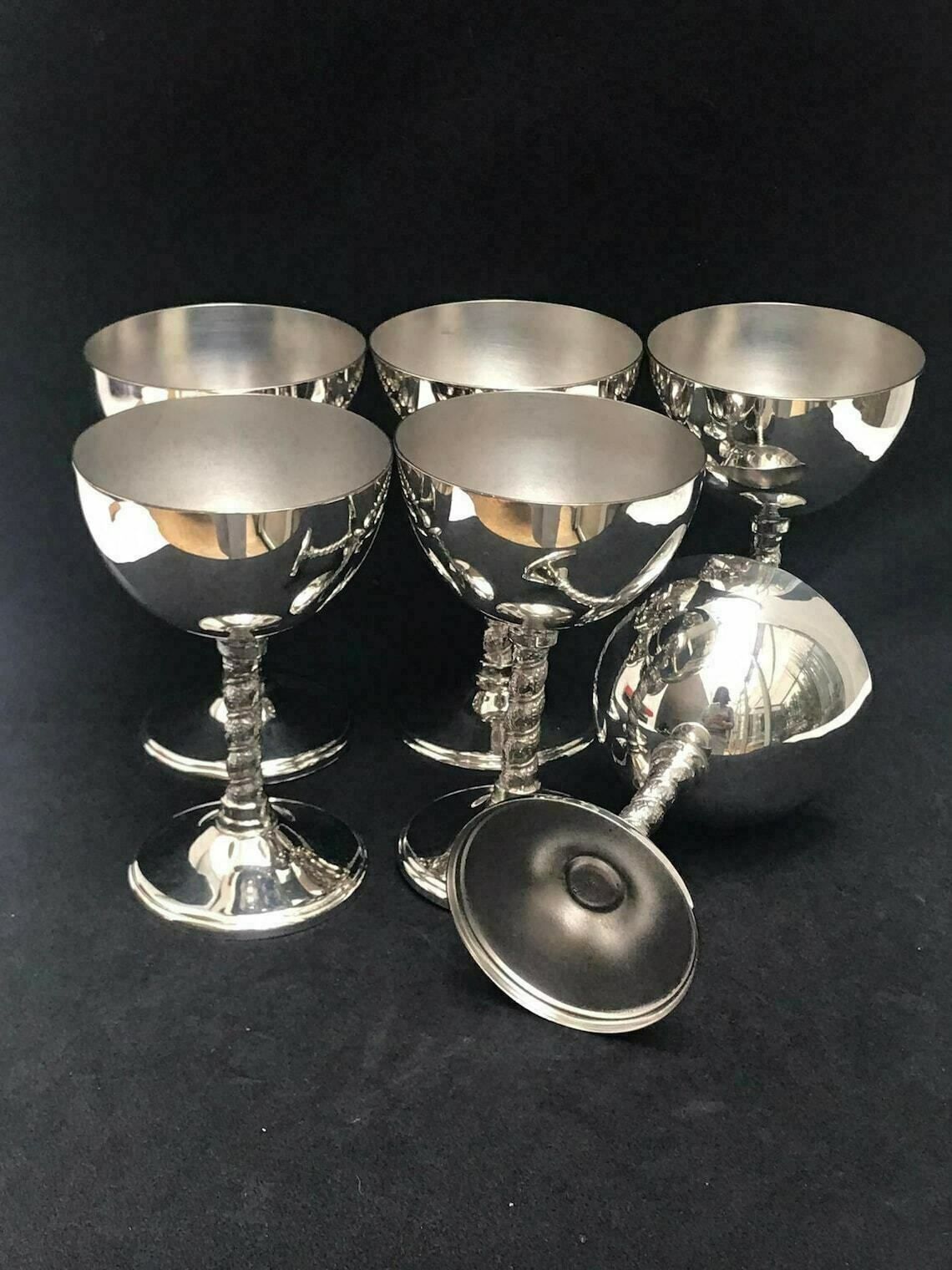 Ice Cream Cups On Pedestal 6 Dessert Bowl Champagne Or Wine Cups In Silvered Metal Sorbet Cups Art Deco, Liqueur, Dessert Or Cream Cups photo vintage
