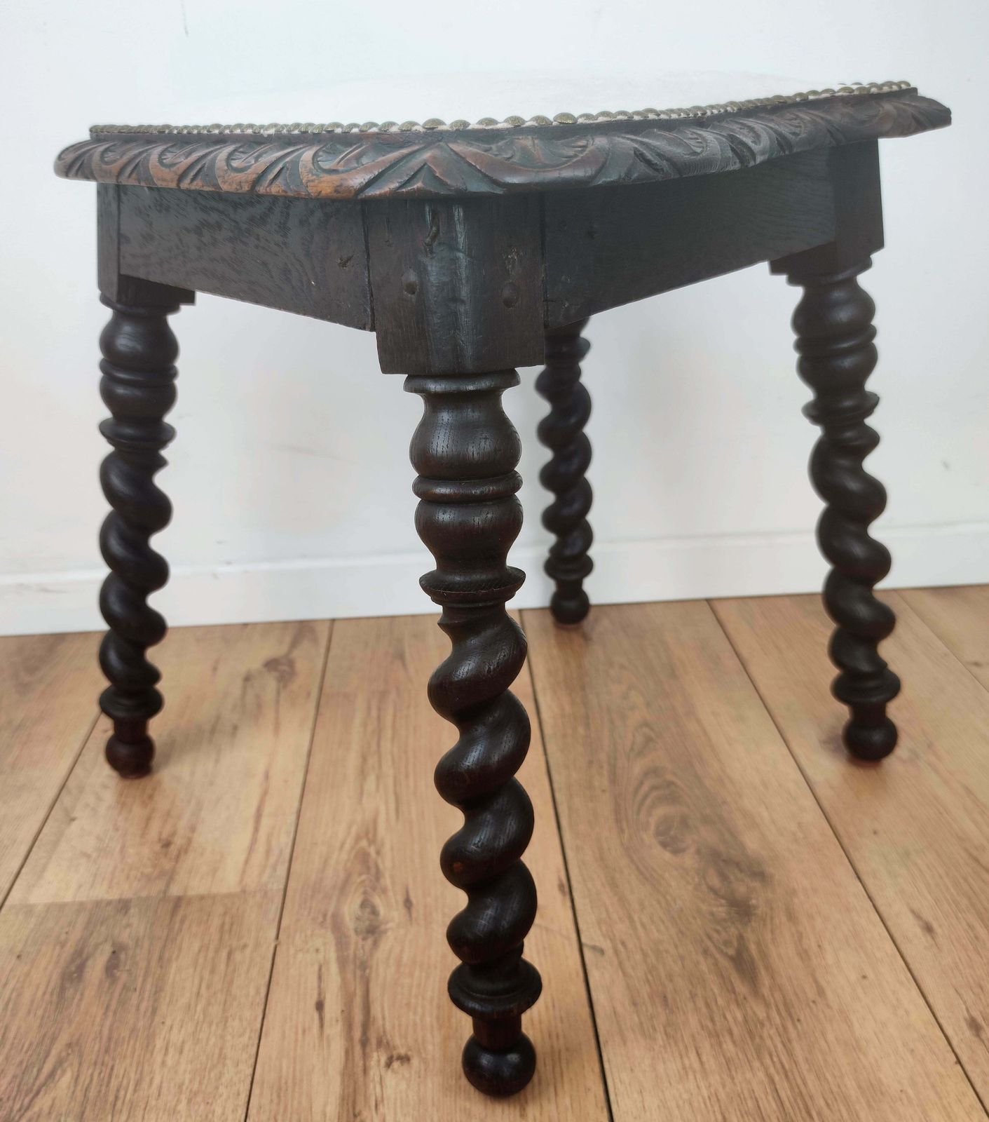 Antique Needlepoint Re Upholstered Carved Beveled Top Barley Twist Legs Stool photo Furniture