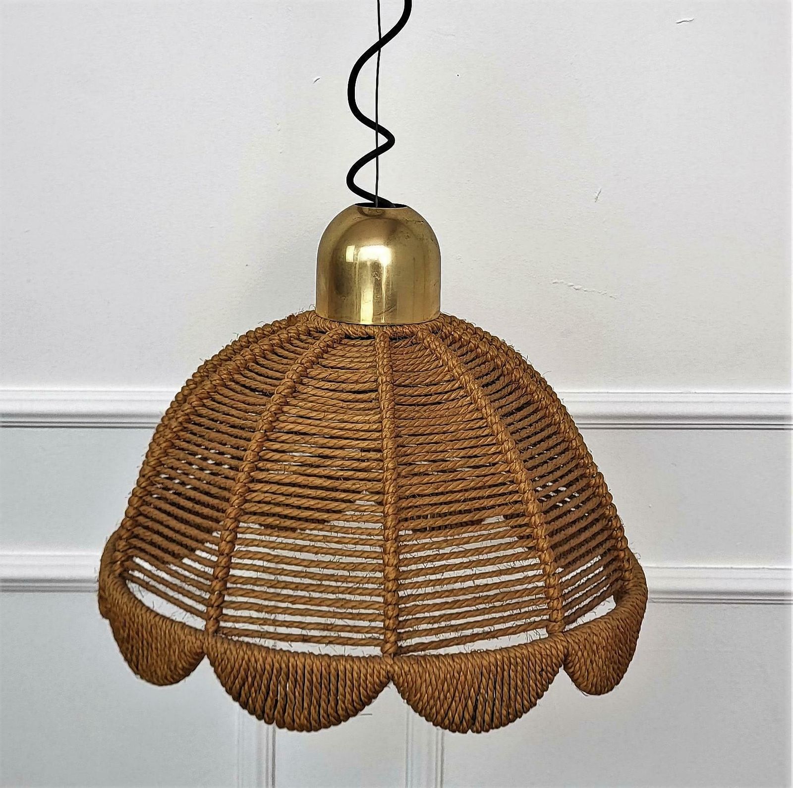 1960s Italian Gilt Brass Cord Woven Rope Pendant Suspension Hanging Light photo furniture