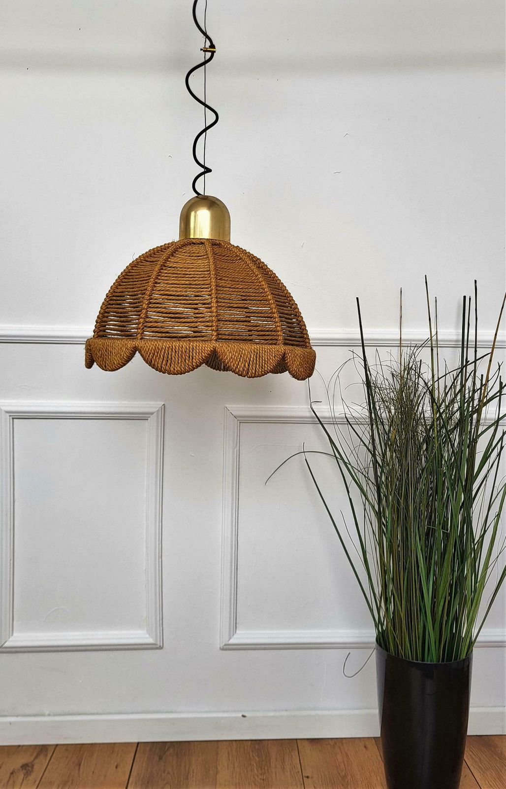 1960s Italian Gilt Brass Cord Woven Rope Pendant Suspension Hanging Light photo vinterior