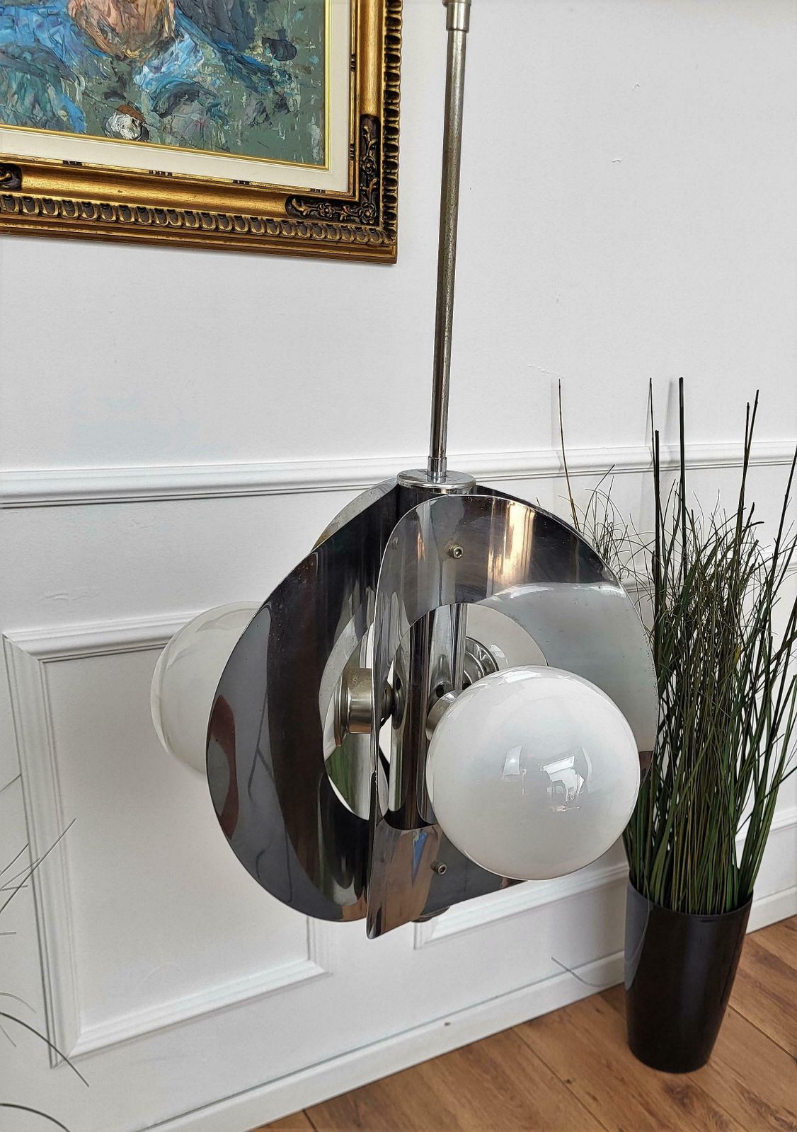 1960s Italian Spaceage Metal Glass Balls Pendant Suspension Hanging Light photo for sale