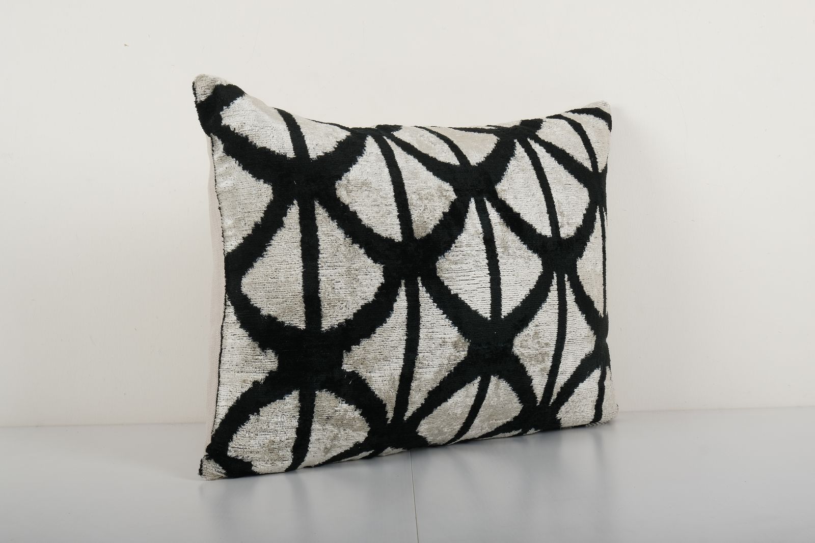 Ikat Velvet Pillow, Silk Lumbar Cushion Cover, Pair Black And Cream Boho Chic Pillow Cover 17'' X 24'' photo Textiles