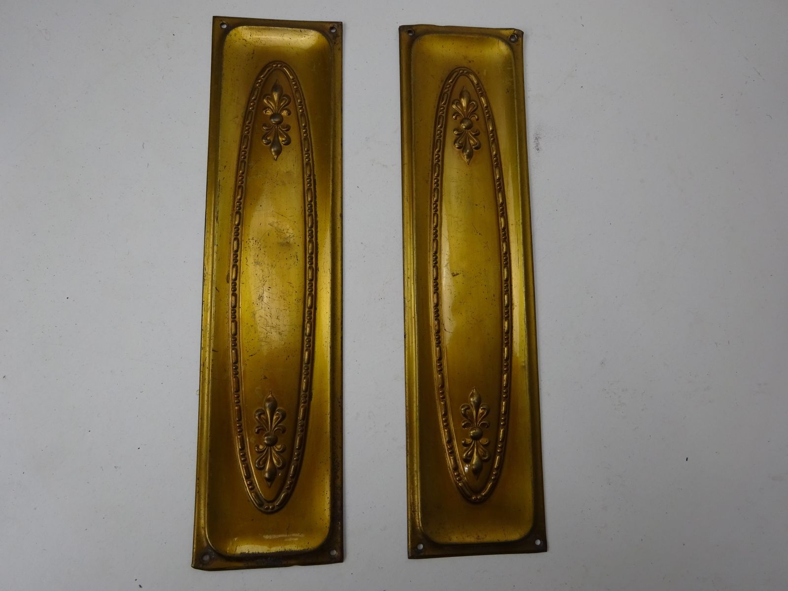 Set Of 2 Reclaimed Pressed Brass Finger Plates Dated 1912