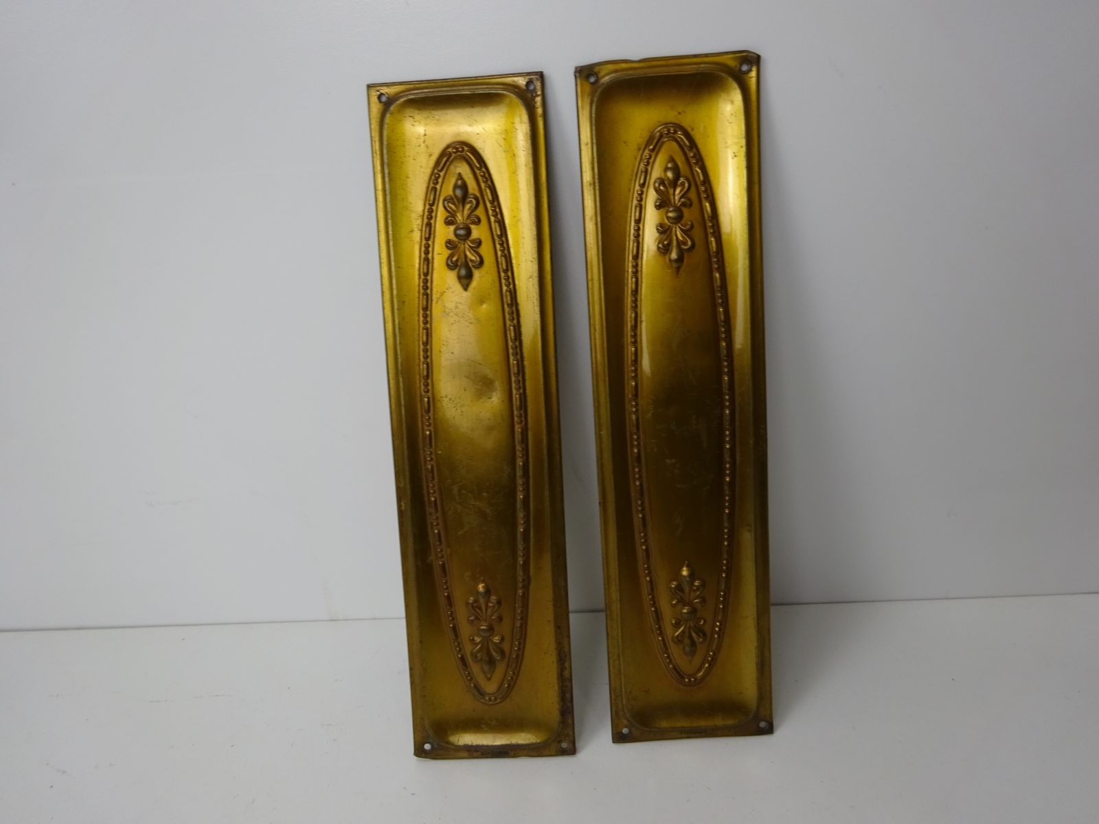 Set Of 2 Reclaimed Pressed Brass Finger Plates Dated 1912 photo Home Fixtures