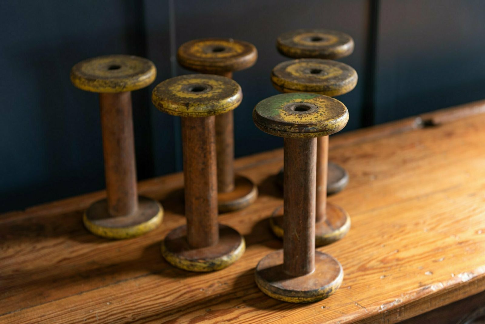 Collection Of Factory Bobbins, Yellow And Green. photo Home Decor