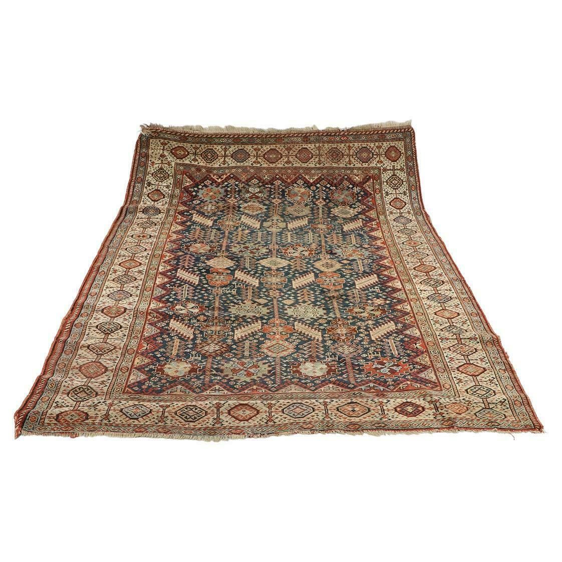 Antique Rug, Handmade Carpet Oriental Caucasian Rug, Living Room Rug For Sale