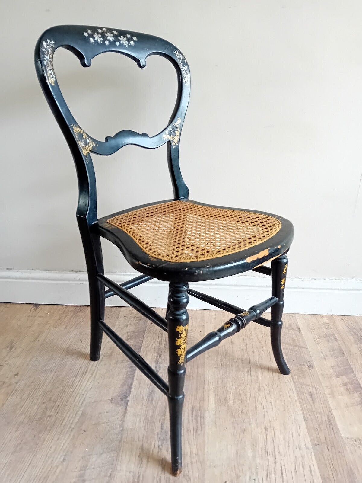 Delightful Circa 1840 Mother Of Pearl Inlay Ebonised Gold Leaf Bergere Chair