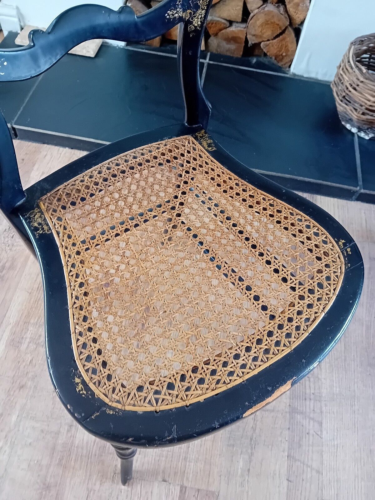 Delightful Circa 1840 Mother Of Pearl Inlay Ebonised Gold Leaf Bergere Chair photo vinterior