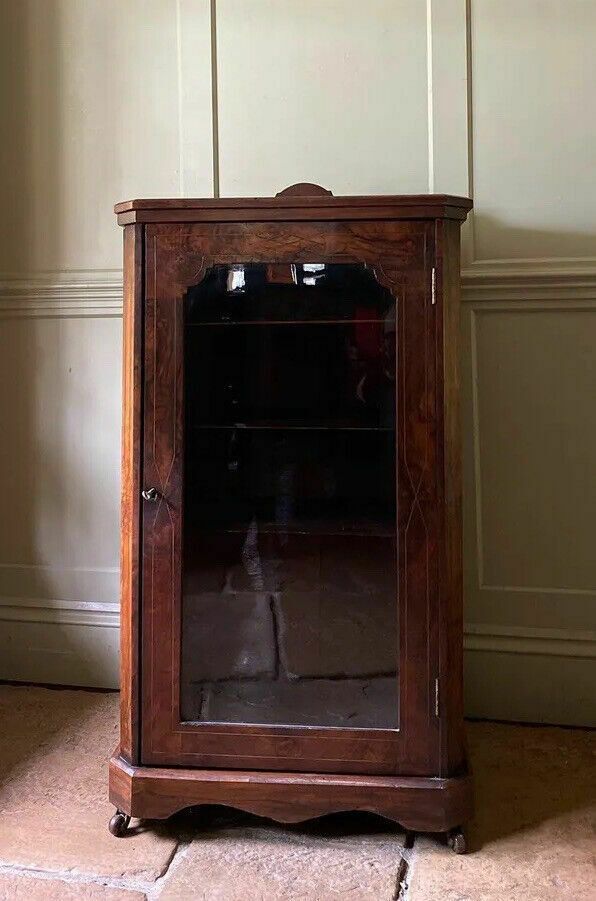 Antique Georgian French Style Marquetry Burle Walnut Display Glazed Cabinet