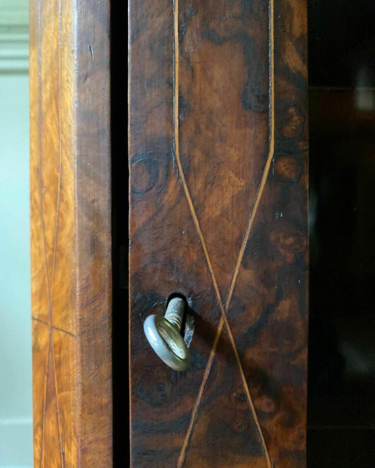 photo for sale Antique Georgian French Style Marquetry Burle Walnut Display Glazed Cabinet