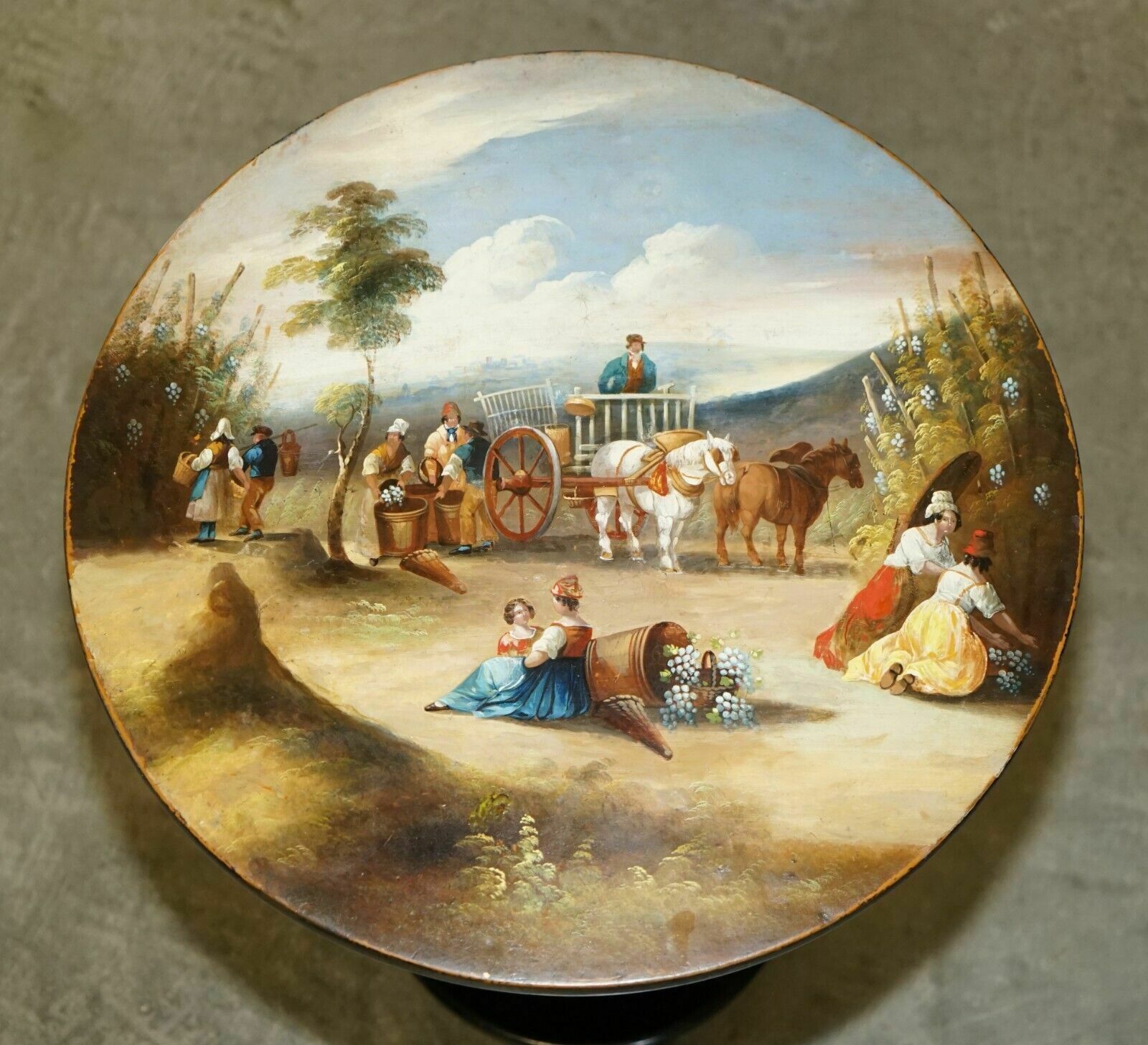 Furniture Stunning Antique Victorian Hand Painted Grape Harvest Depicted Occasional Table photo