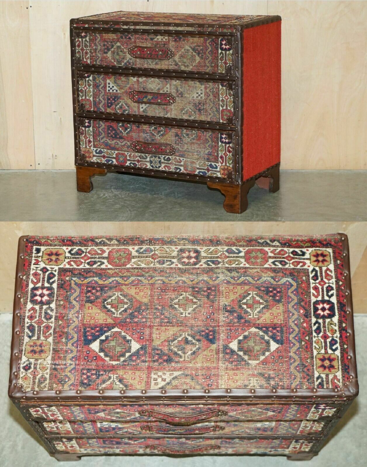 Vintage Kilim & Brown Leather Chest Of Drawers Finished With Antique Pin Nails