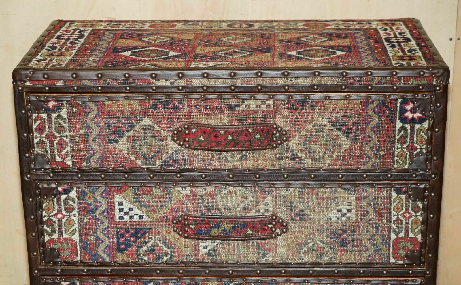 Vintage Kilim & Brown Leather Chest Of Drawers Finished With Antique Pin Nails photo Furniture