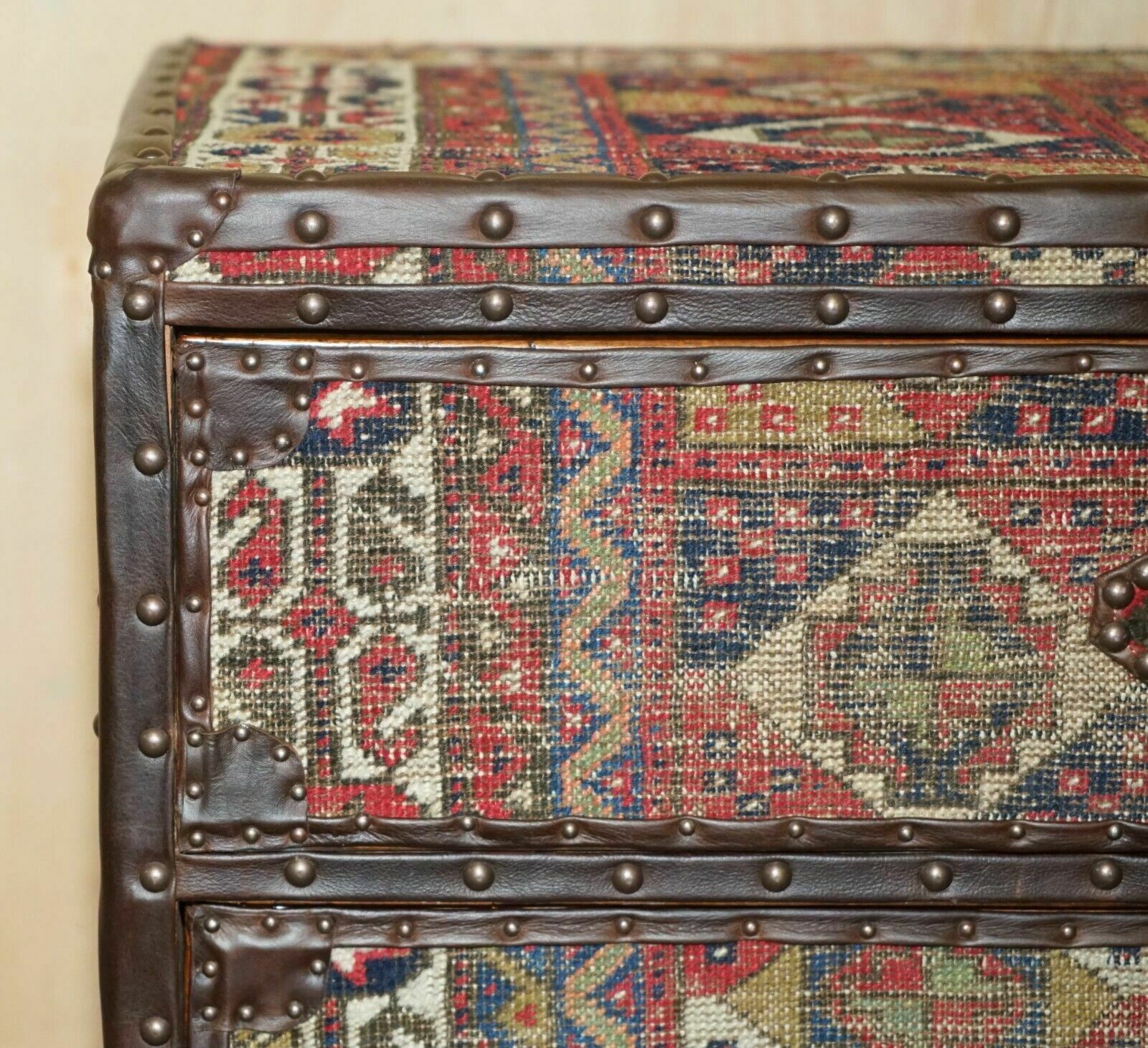 Vintage Kilim & Brown Leather Chest Of Drawers Finished With Antique Pin Nails photo 2850.0