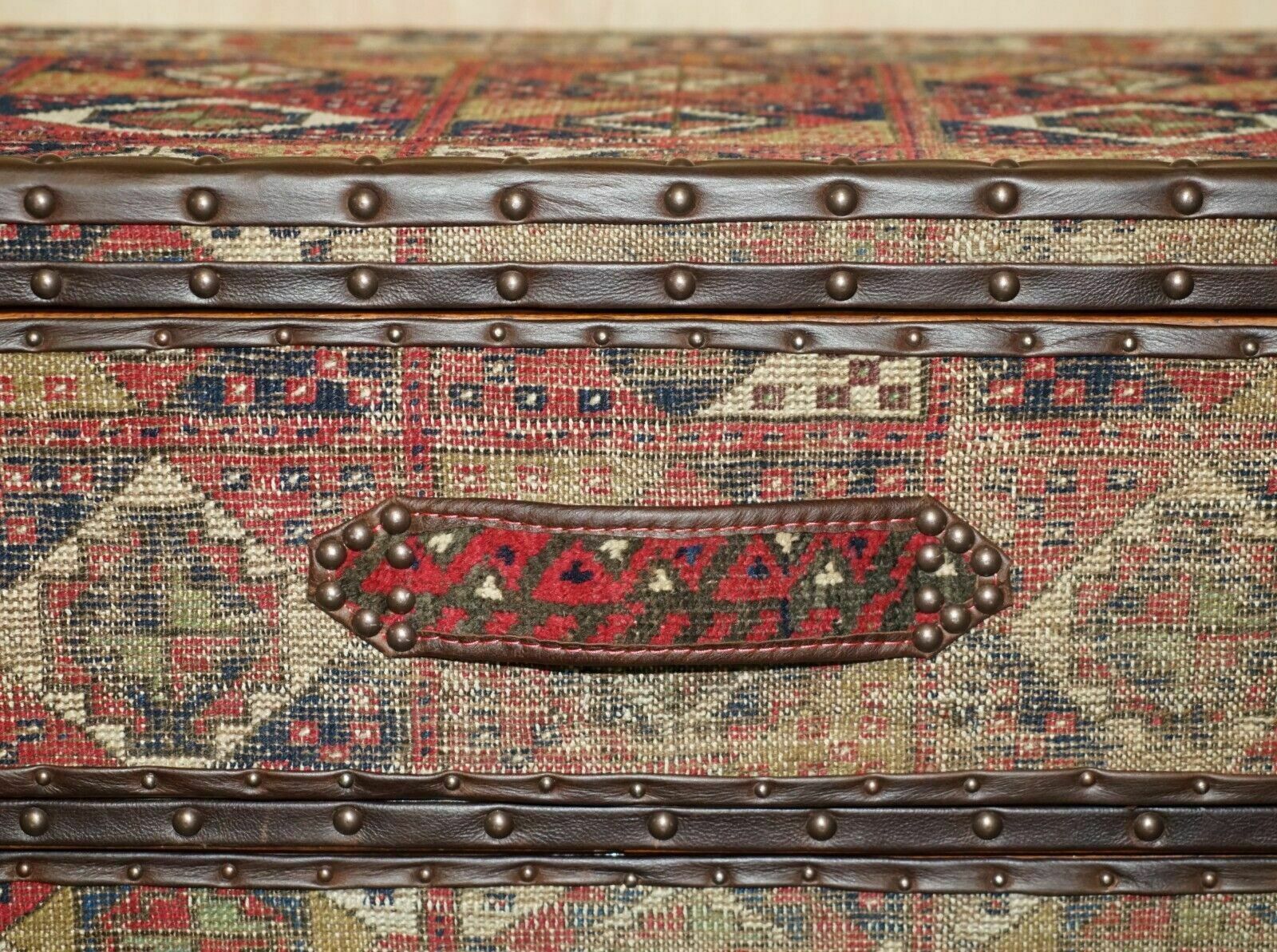 Vintage Kilim & Brown Leather Chest Of Drawers Finished With Antique Pin Nails photo vinterior