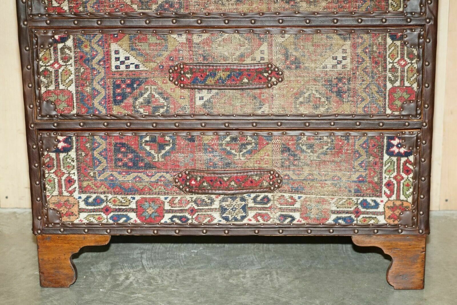 Vintage Kilim & Brown Leather Chest Of Drawers Finished With Antique Pin Nails photo vintage